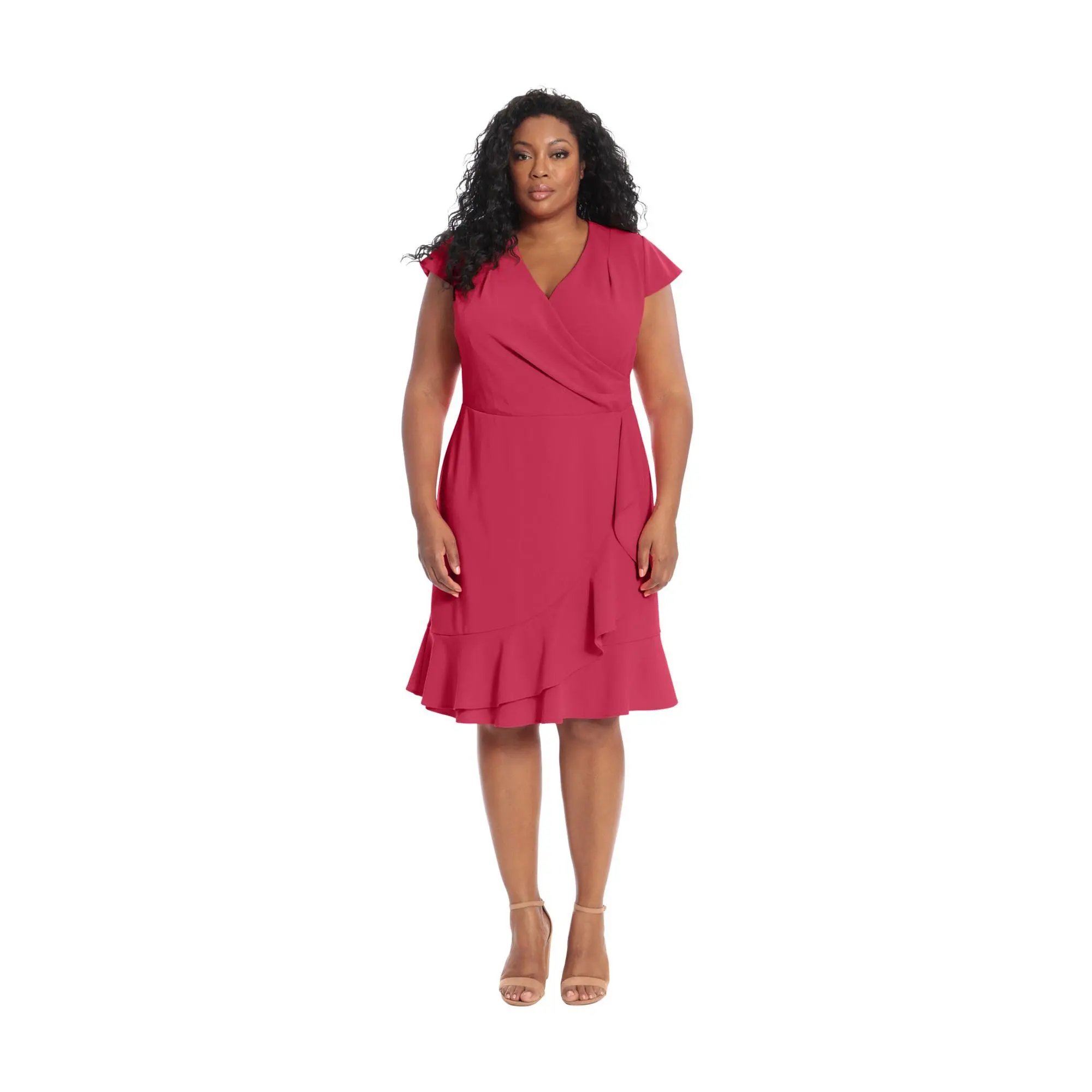 London Times Knee Length Ruffle Faux Wrap Dress-Plus
