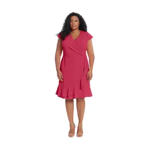 London Times Knee Length Ruffle Faux Wrap Dress-Plus