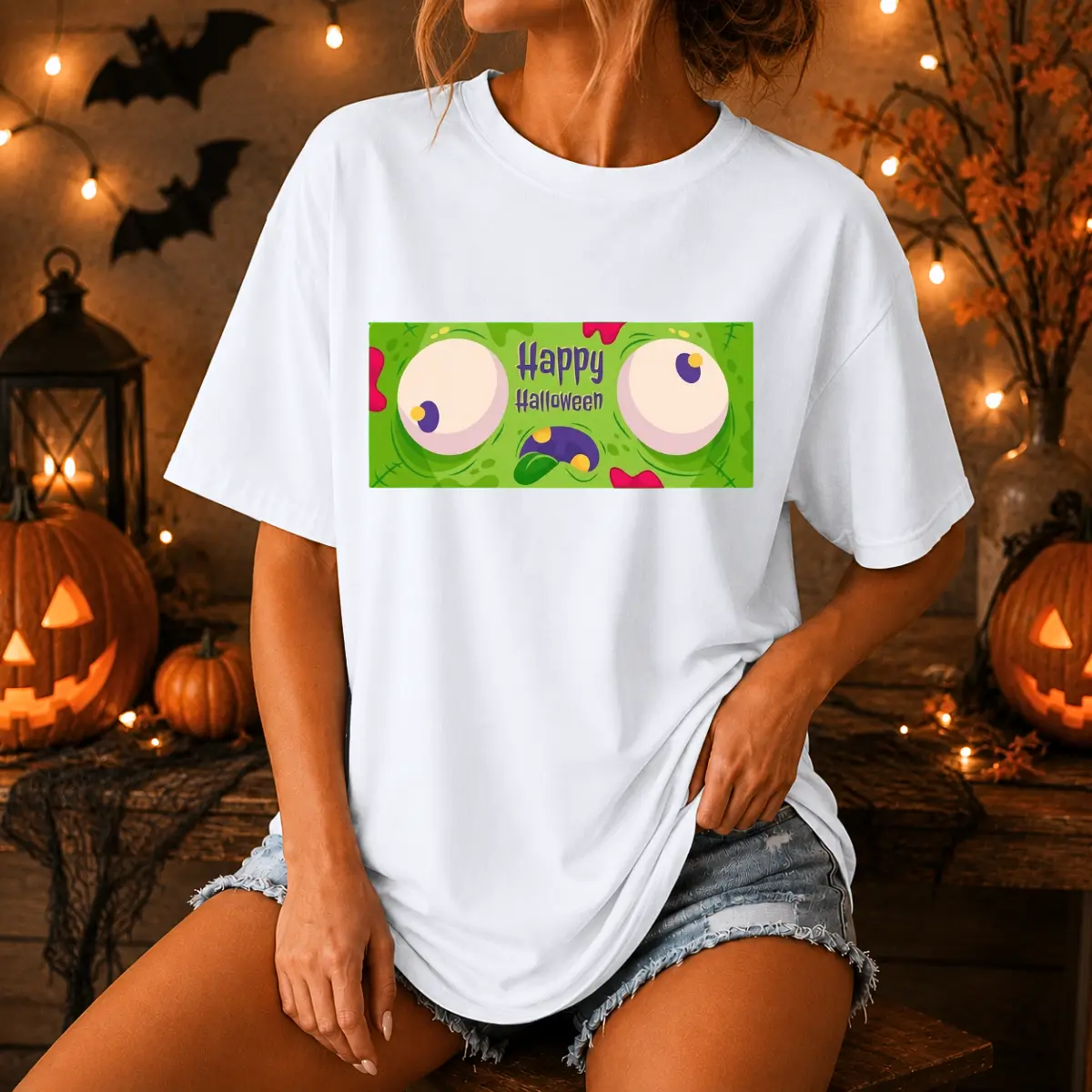 Funny Halloween Zombie Face T-Shirt, Cute Happy Halloween Monster Graphic Tee, Cartoon Green Zombie Face Front Graphic Print Shirt, Spooky Halloween Outfit, Funny Fall Costume Gift For Women Men, Unisex Halloween Graphic Tee