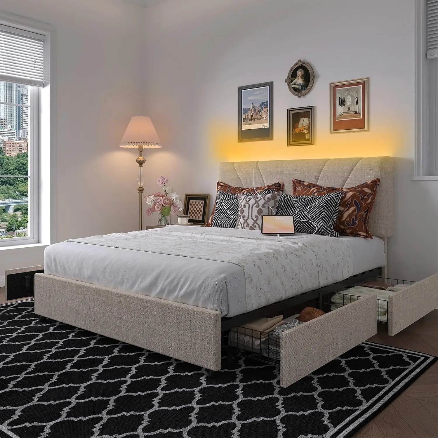 Avenco Full/Queen/King Bed Frame with Drawers, Bed Frame with Headboard, LED Bed Frame Full/Queen/King Size, Charging Station and Adjustable Headboard Bed Frame, No Box Spring Needed