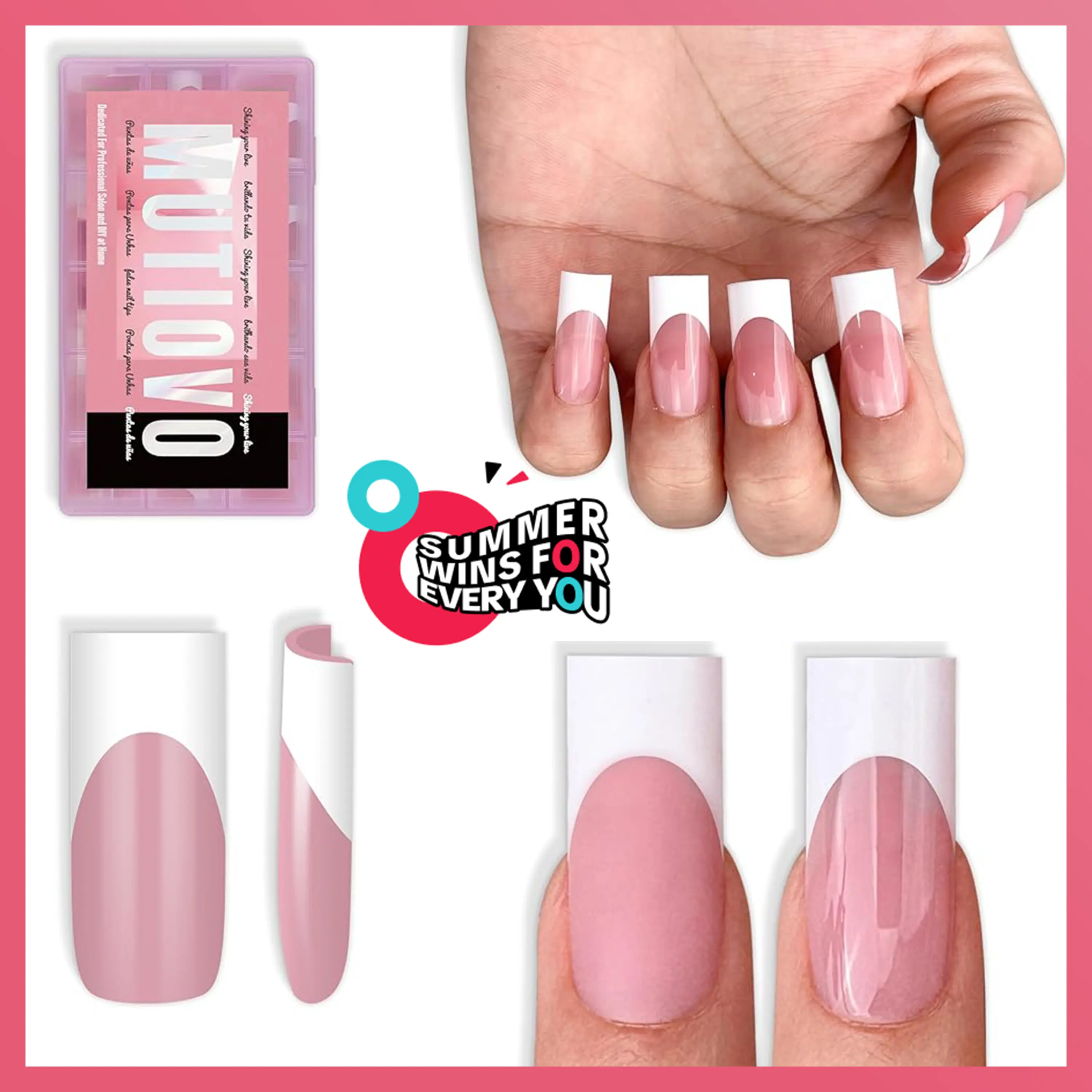 MUTIOVO White French Tip Medium Straight Square Nail Tips Press on, BERRY PINK Extra Thick Soft Gel Nail Extension, Full Cover False Nails, NEED Builder Glue Gel & Top Coat,for DIY x 15 Sizes 180 pcs summerwins
