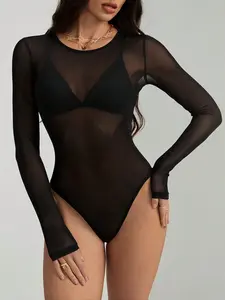 Spring Summer New Fashion Slim-Fitting Mesh See-Through Jumpsuit Long Sleeve Round Neck Lace Sexy Bodysuit (no Lingerie Included)