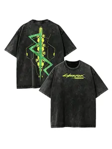 [BT] Vintage Washed Cyberpunk Edgerunners David Cyber Skeleton Double Sided Neon Green Oversized Gaming Graphic Streetwear T-Shirt, Cyberpunk 2077 Floral Vintage Washed Short-Sleeve Round Neck Oversized Distressed T-Shirt - Menswear Streetwear Casual Top