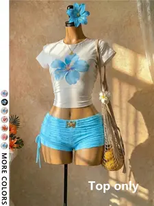 Women's Casual Blue Floral Print Round Neck Short Sleeve Crop Top Fit, Y2K Summer Daily Wear, Perfect for Layering and Fashionable Choice