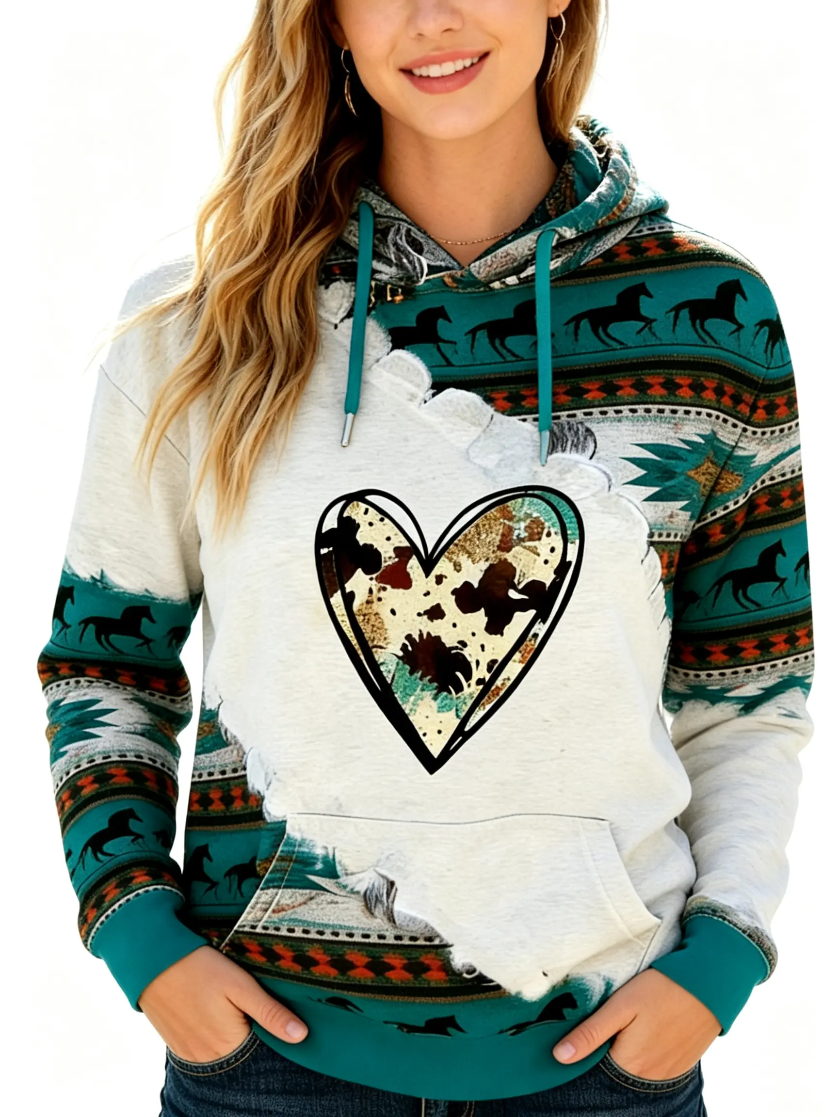 Women's Geometric Horse Print Aztec Hoodie Pullover Cowgirl Western Hooded Sweatshirt