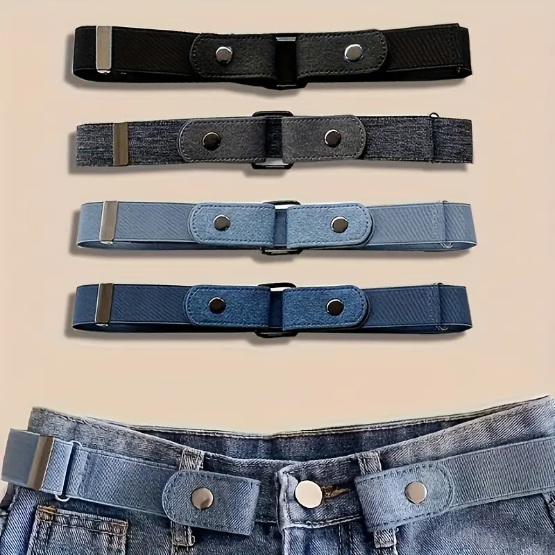 Women's 4-Pcs Invisible Adjustable Elastic Belts Set - No-Hole Stretchy PU Leather, Polyester & Spandex Blend, Snap Buckle, Chic Business Style Accessory for Pants & Jeans