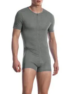 INCERUN Men's Sexy Home Wear, Thin Elastic Comfortable Front Zipper Shapewear Short Sleeve One-Piece Shorts, Ideal for Casual Indoor Clothing, Menswear