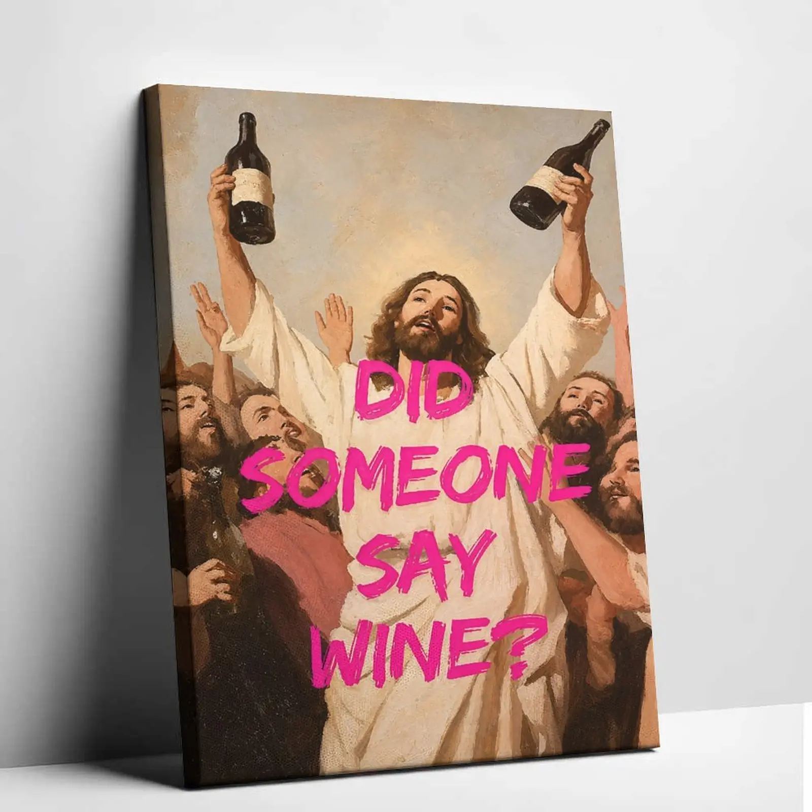 Funny Wine Humor Artistic Canvas Wall Decor, Vintage Oil Paint Look Poster Print, Eclectic Pink Graffiti Graphic, Modern Home Decoration for Bar & Kitchen