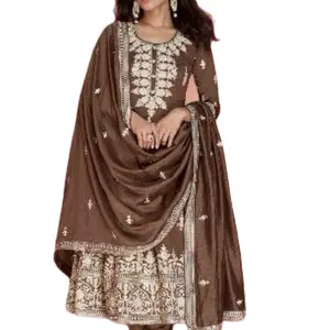 Anarkali Suit with Embroidered Design for Women - Casual Womenswear, Ideal for Parties Long Sleeve Dress Chiffon Lightweight Traditional Elegant elegant womenswear Chic