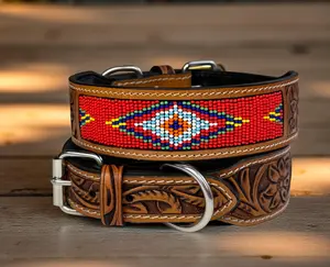 Leather Beaded Dog Collar Full Grain Leather 1.5" Wide Handcrafted Western Floral Design Heavy Duty Solid Metal Buckle D Ring Comfortable Sturdy Natural Brown Tone