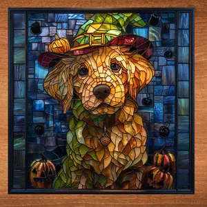 Puppy Halloween Cute Stained Glass Look Art on Glossy Ceramic Tile Decorative Gift Artful Mosaic Wall Decor