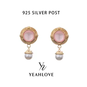 YEAHLOVE Vintage Pink Cat’s Eye Stud Earrings  925 sterling silver posts — hypoallergenic, sensitive ears friendly. Pearl drop dangle + retro elegance. Perfect for daily wear or special moments.