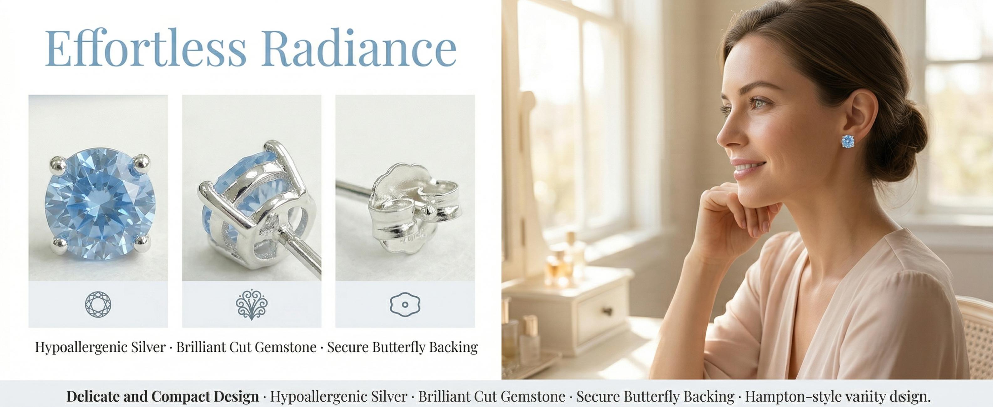 S999 Pure Silver Stud Earrings — 6mm Round Aquamarine Zircon — Stylish & Premium — Simple Design, Suitable for Both Men and Women