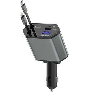 4 in 1 Car Charger, 66W Car Phone Charger with Retractable Type-C Cable, Multifunctional Car Charger for iPhone & Android, USB Mobile Charger