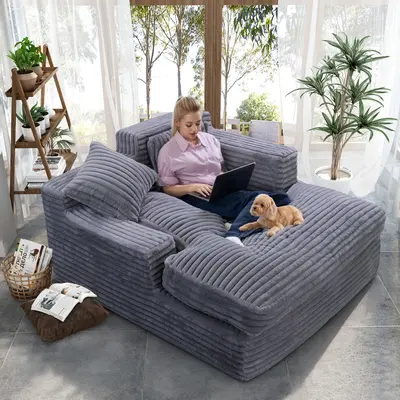 Oversized Chaise Lounge Chair - 45" Boneless Design, Corduroy Fabric, No Assembly Required, With 3 Pillows (Black)