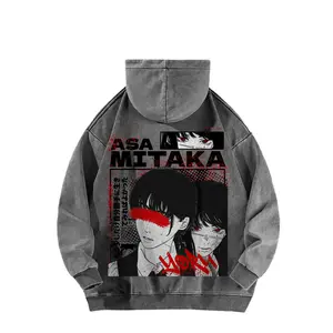 CSM Washed Vintage Anime Hoodie, featuring "Asa Mitaka" and "Yoru"  character graphic - Vintage hooded sweatshirt, cotton material, made in the USA, dark comic street style, loose A-line fit.