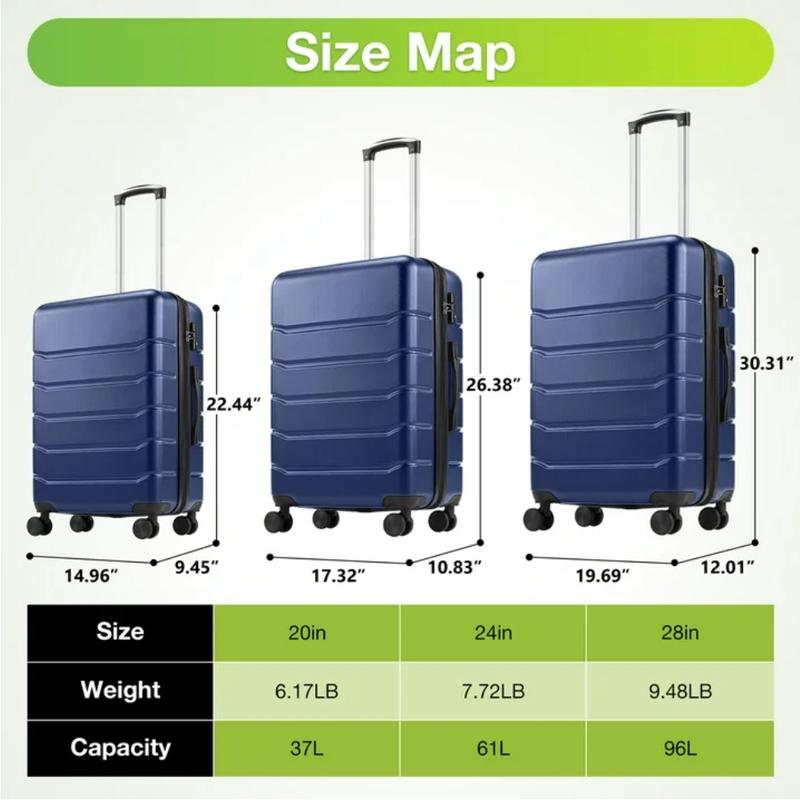 Set of 3 Hardside Luggage, Expandable Rolling Luggage with TSA Lock and Spinner Wheels, Blue