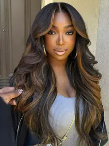 26 Inch Honey Blonde Highlight Long Body Wave Glueless Lace Front Wigs for Women, 1 Piece Gorgeous Fluffy Wigs with Baby Bangs, Synthetic Wigs for Party, Daily Use