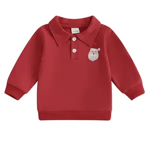Toddler Baby Boy Christmas Sweatshirt Santa Claus Embroidery Long Sleeve Button Polo Shirt Fall Winter Outfit