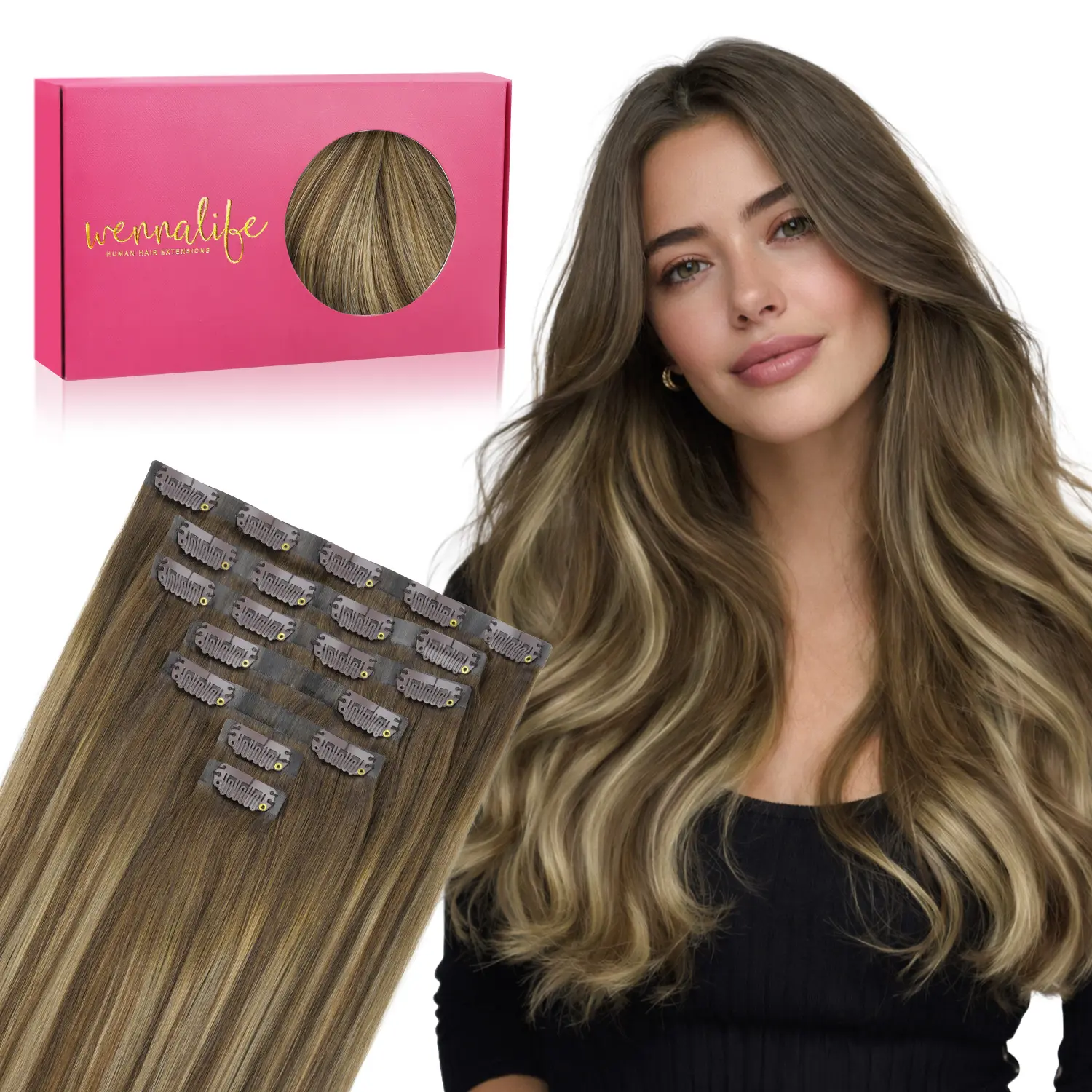 WENNALIFE Seamless Clip In Hair Extensions Human Hair 7pcs 130g to 150g 14in-22in Seamless Narrow Weft Flat Style Clip Ins