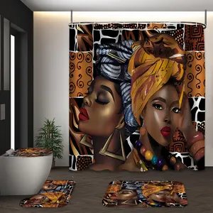 LVRLVR 4Pcs African Woman Portrait with Tribal Pattern Print Bohemian Cultural Multi-Color Shower Curtain Set 70.8×70.8 Inch Bathroom Shower Curtain Sets