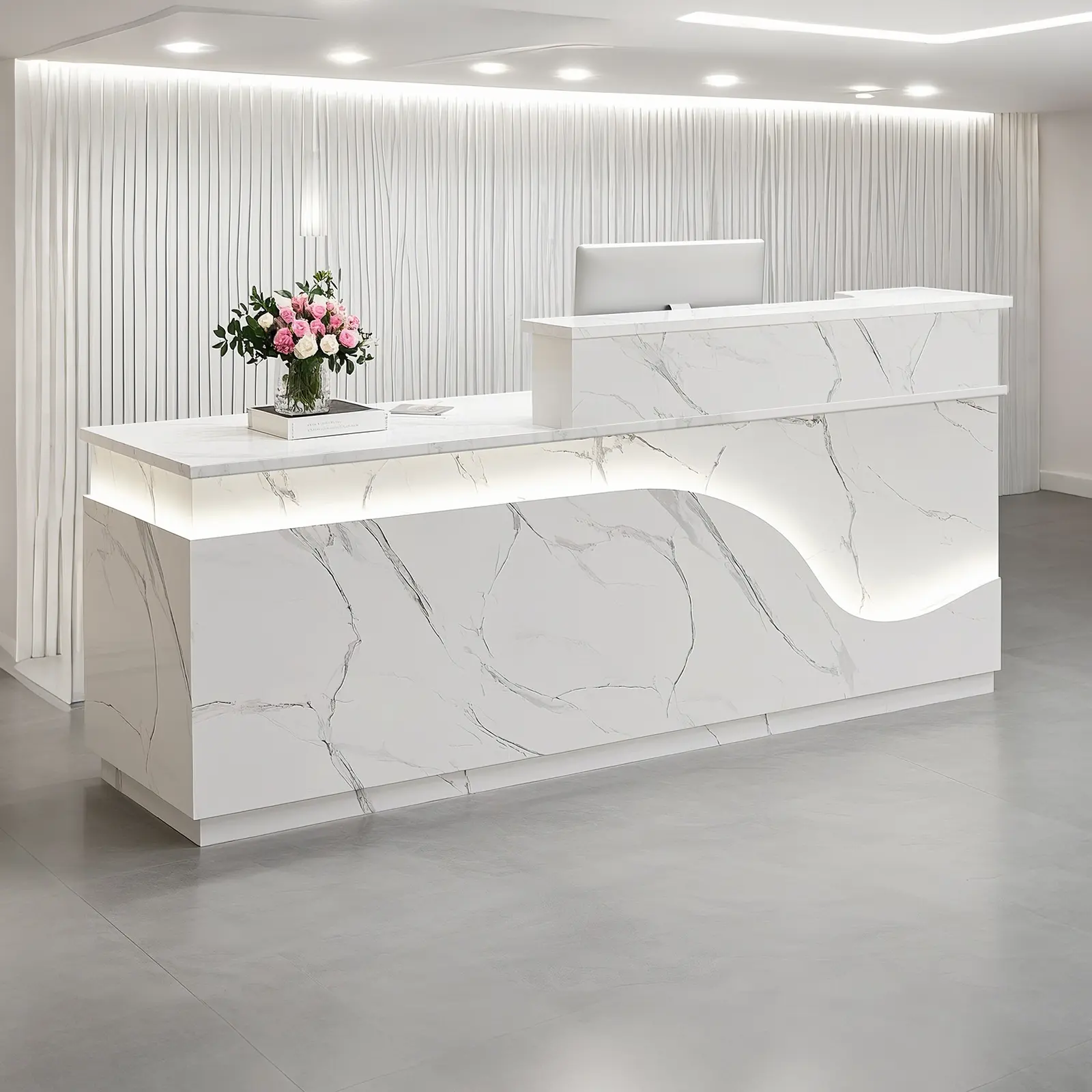The all-white fishtail reception desk with belly patterns, featuring a high shelf, a locking drawer, a keyboard tray, a wiring aperture, and a storage cabinet, is suitable for shops, companies, and hotels