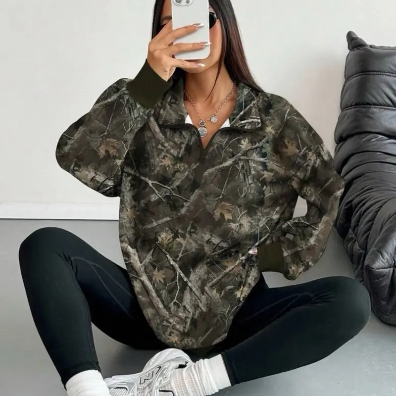 Women's Sweatshirt, Casual Leaf Print Half-Zip Pullover with Long Sleeves, Loose-Fit Crew Neck Top for Autumn Winter, Women's Clothes Hoodie Piece, Style, Comfortable, Longsleeves