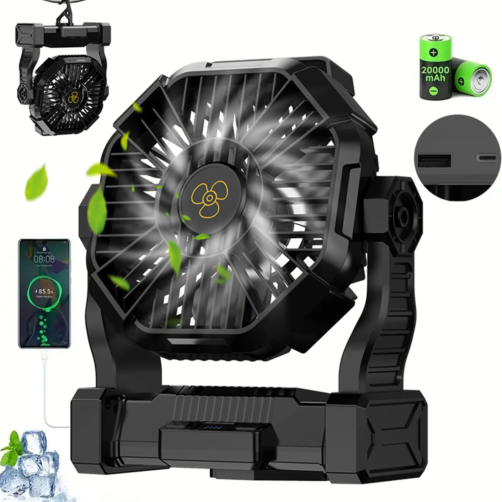 3-in-1 Rechargeable Camping Fan with LED Lantern & USB Charging, Portable Hanging Outdoor Fan with Hook, Timer & 360° Rotation for Camping, Travel, BBQ, Car, RV and Emergency Use