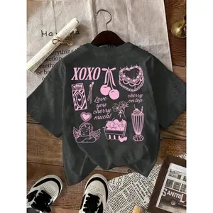 Y2K Graphic Tee - 2026 Trending Streetwear, Vintage Wash Fabric Perfect for Daily Outings & Music Festivals, Bold Pink Doodle Print That Stands Out