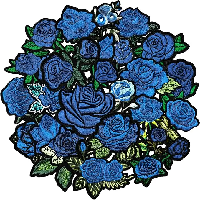 25PCS Blue Rose Iron on Patches, Embroidered Floral Applique Patches for Jackets, Jeans, Hats, Backpacks and Tote Bags