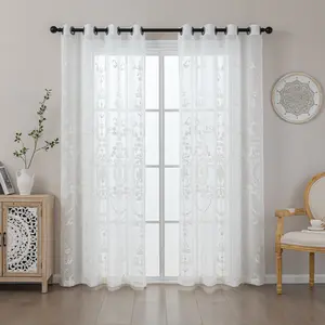 1PC White Embroidered Sheer Curtain, Eyelet Top European Floral Pattern Light Filtering Voile Panels, Semi-Sheer Drapes for Bedroom Living Room Office Home Decor, All Sizes Available