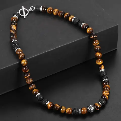 Men's 8mm Natural Tiger's Eye & Lava Ball Beaded Necklace - Stainless Steel Toggle Clasp, 18/20/24in, Black Onyx Accessory, Handmade Natural Stone Pendant, Men's Jewelry, Mens Gifts, Unique Gifts, Accessories Adults