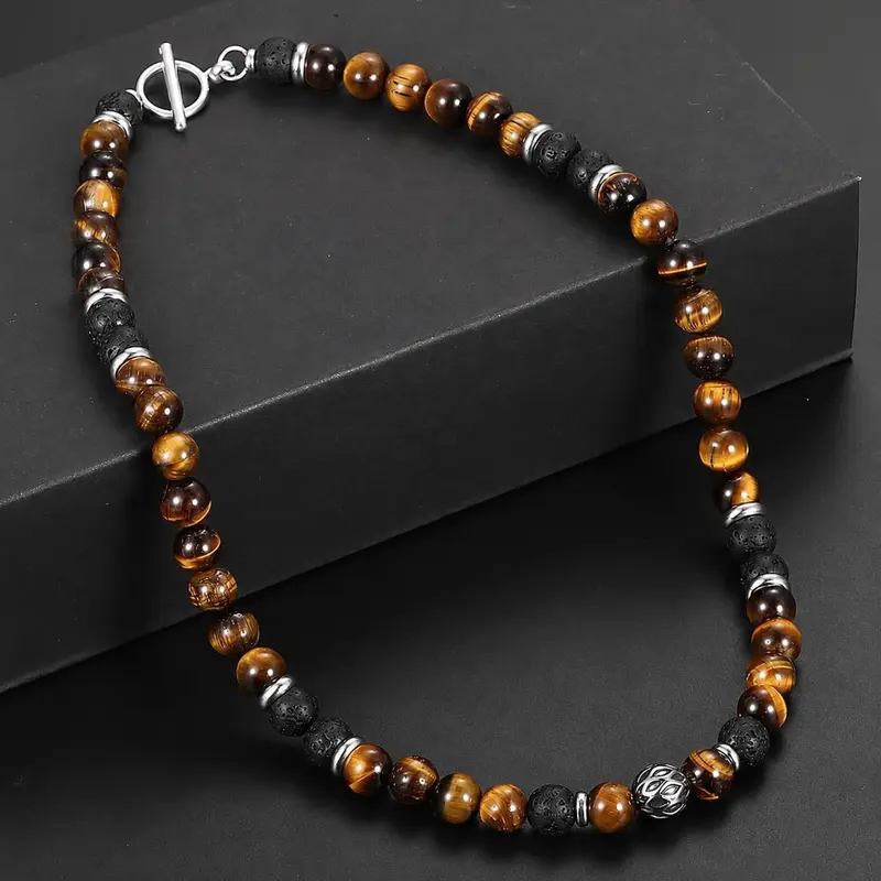 Men's 8mm Natural Tiger's Eye & Lava Ball Beaded Necklace - Stainless Steel Toggle Clasp, 18/20/24in, Black Onyx Accessory, Handmade Natural Stone Pendant, Men's Jewelry, Mens Gifts, Unique Gifts, Accessories Adults