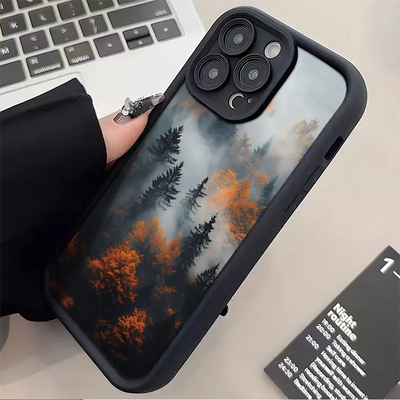 Smoke Forest Landscape Black Cellphone Casing for Various iPhones - Elegant Minimalist Shock-Absorbent Soft TPU Protector with High-End Stepped Shock-Absorption, Camera Protection (17/16/15/14/13/12/11 Pro Max Plus,X,XS Max)
