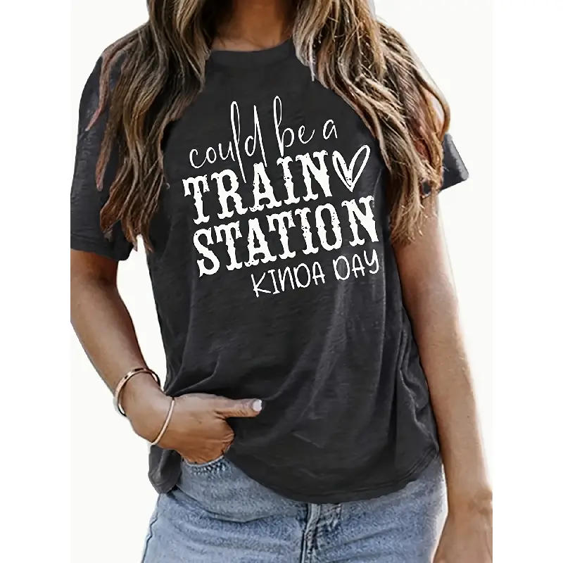 Women'S Funny Train Station Quote T-Shirt - Crew Neck Top with "Could Be A Train Station Kinda Day" Graphic - Lightweight Breathable Everyday Shirt for Women - Perfect for Spring, Summer, Fall Outfits - Casual Tee for Train Lovers, Train Tshirt, Spring Su
