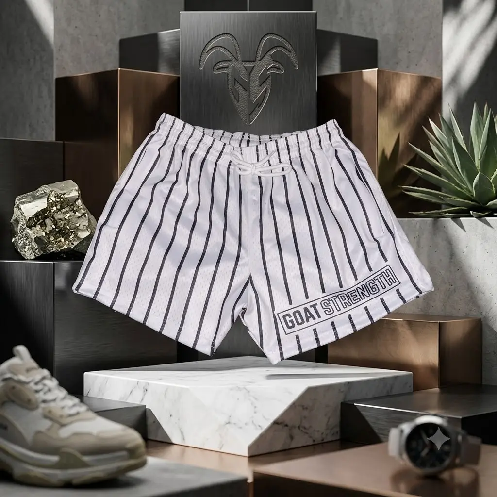 GOAT Vintage Baseball White Mesh Shorts Black Pinstripe Stripe Print with Black GOAT STRENGTH Logo Loose Fit Gym Athletic Casual Unisex Streetwear Workout All Season Breathable Comfortable Summer Short Quick Dry Short