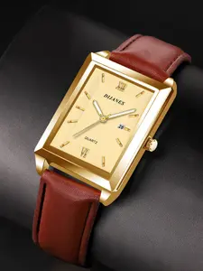 New Casual Leather Men's Watch Square Quartz Watch Korean Style Student Watch Calendar Function Male Wristwatch