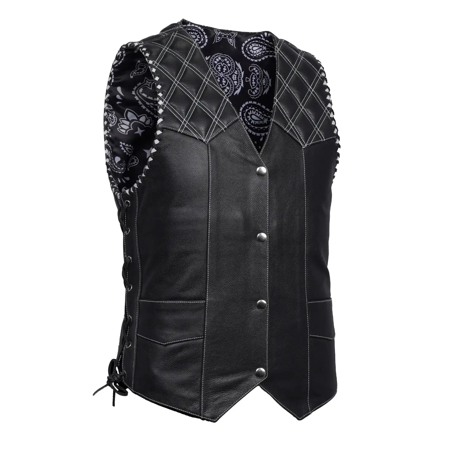DANIEL SMART Midnight Thread Menswear Sleeveless Biker Cowhide Leather Vest, Braided Motorcycle Protective Gear for Men, Quilted
