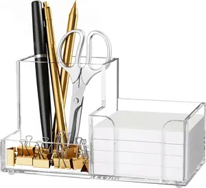 Acrylic Pen Holder for Desk, 3 Compartment Clear Desk Organizer with Sticky Notes Holder, Office Supplies Organizer for Pens, Pencils, Markers & 3x3 Post It Notes, Modern Desktop Storage Accessory for Office, Home, School & Classroom