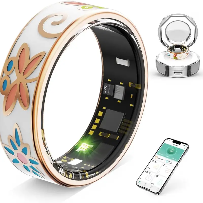 Flora Enamel Smart Ring for Women - Round Leather Wearable Device, Activity & Wellness Tracker, Fitness Monitor, Step & Calorie Counter, Stylish Durable, 3-5 Days Battery, Flora Enamel+Crystal Charging Box, No Monthly Fee, Gift for Friends & Couples