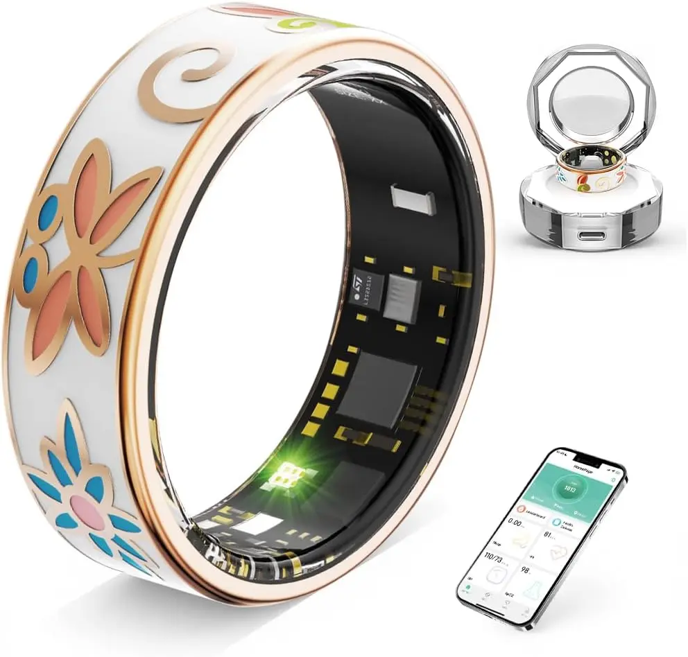 Flora Enamel Smart Health Ring for Women - Basic Activity & Wellness Tracker, Fitness Monitoring,Step Calorie Counter, Stylish Durable Wearable, 5-7 Days Battery, Crystal Charging Box, No Monthly Fee dealsforyoudays