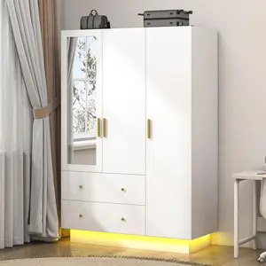 2/3/4 Doors Armoire Wardrobe Closet with Mirror, LED Armoire with Doors and Drawers, Wooden Armoire Storage Cabinet with Hanging Rod, Adjustable Shelves, (White/Black/brown）