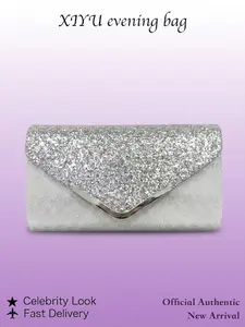 Silver Color Glitter Envelope Clutch Bag for Women, Lightweight Elegant Evening Handbag, V-Shaped Metal Trim, Perfect for Parties Weddings