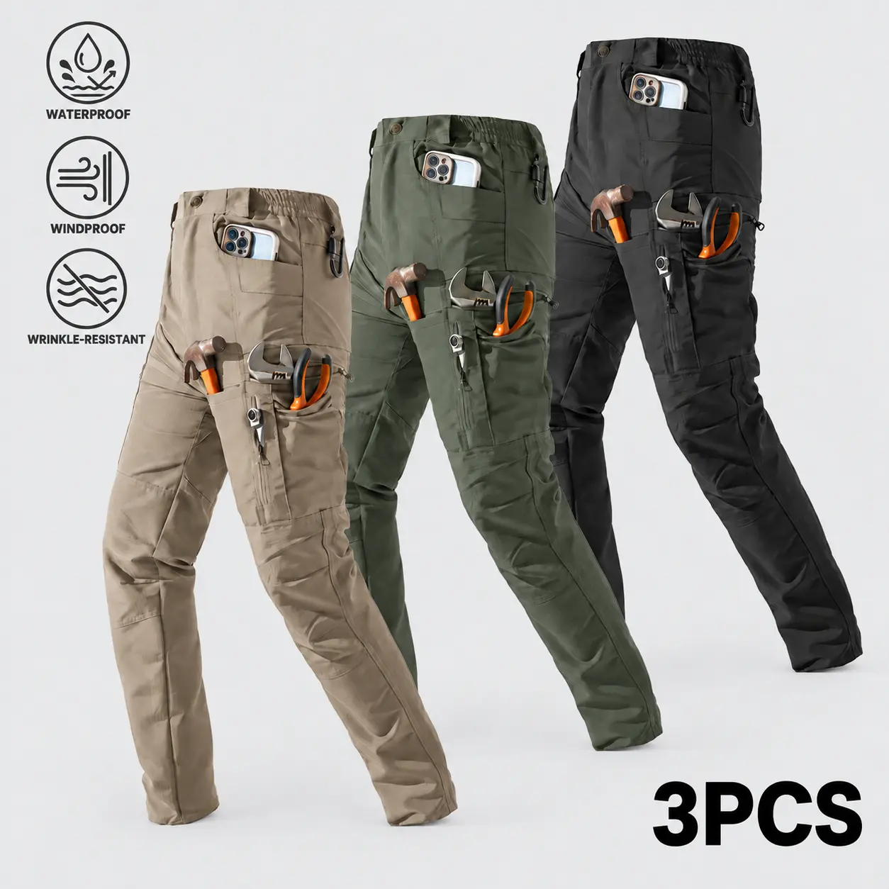 3-pack men’s all-season tactical cargo pants, waterproof windproof wrinkle-resistant straight-leg outdoor long pants with multiple tool pockets, suitable for hiking, camping, construction sites, and everyday wear