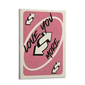 Love You More Uno Reverse Canvas Wall Art Poster, Playing Card Themed Wall Art, Girly Wall idea Decor, Preppy Trendy Framed Wall Art for Valentine's Day