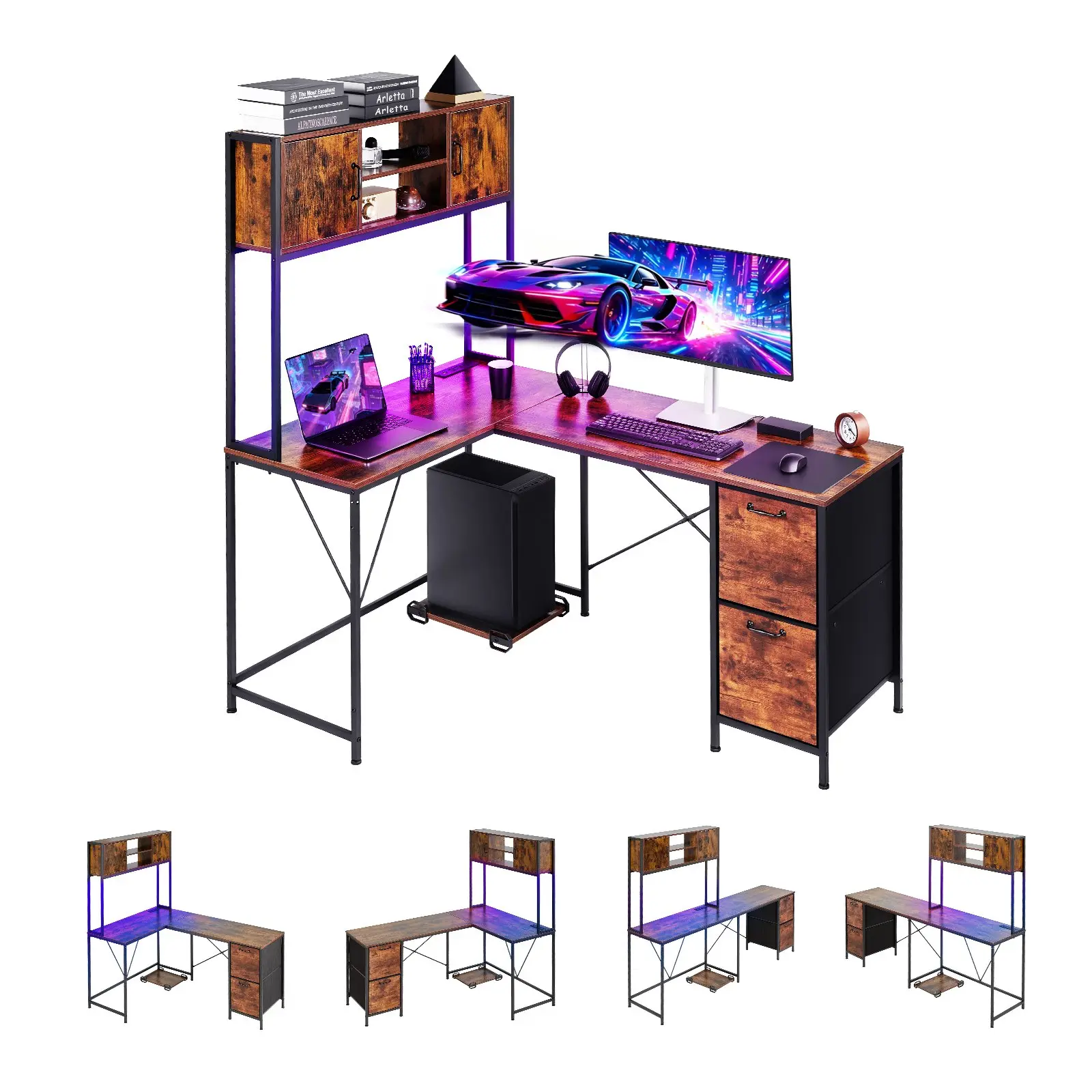 VEVOR L-Shaped Computer Desk with RGB Lights, 62.2-Inch Reversible Corner Desk, Built-In USB Outlet, Movable CPU Stand, Drawers, Storage, Modern Home Office PC Table