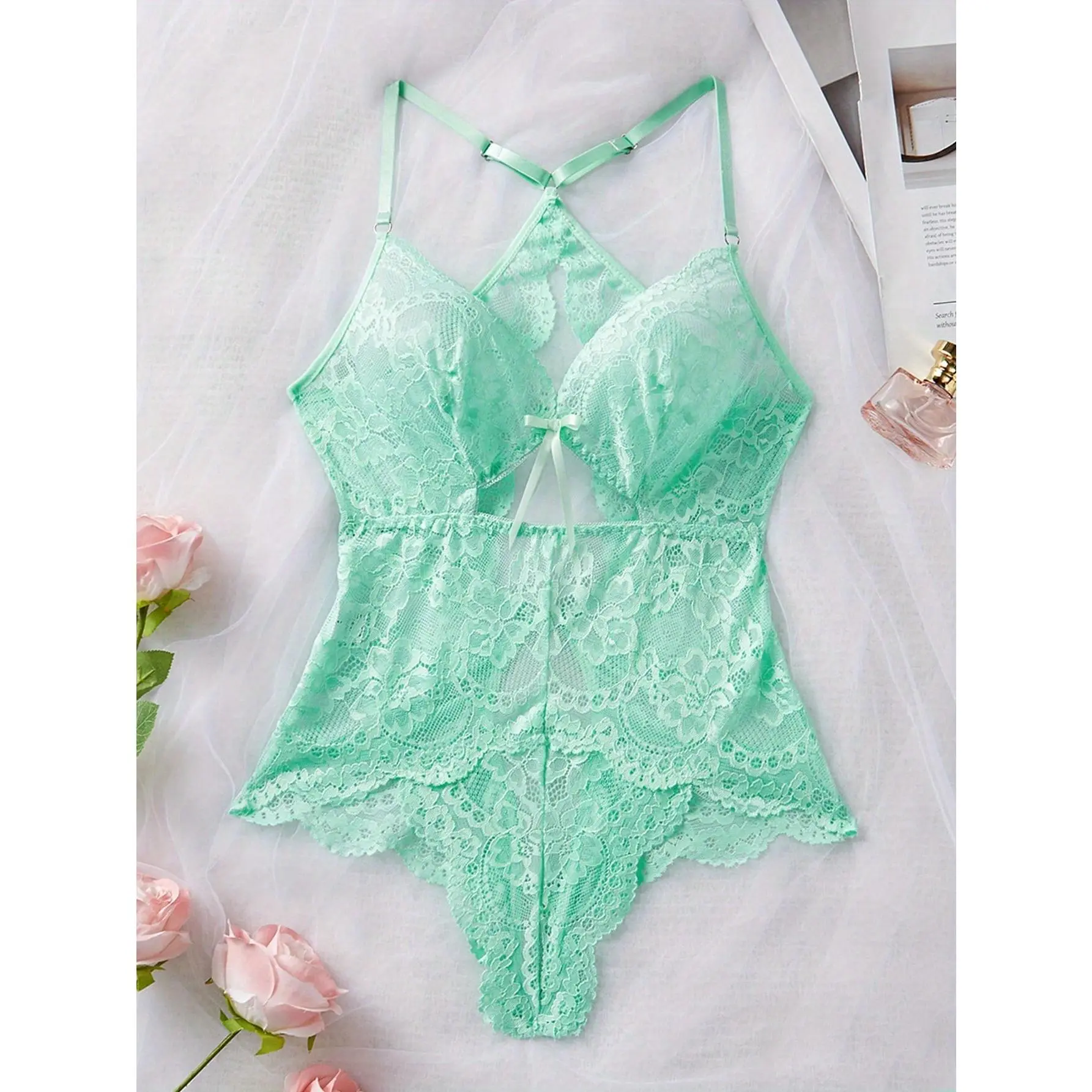 New Style Mint Green French Lace Bodysuit, Crisscross Strap Hollow-Out Open-Back Lingerie, Valentine's Day Exclusive Gift for Women, Sexy Fitted Pajamas for Autumn and Winter, Special Occasion Lingerie, Bedroom Wear, Fitted Bodysuit, Hollowout Design
