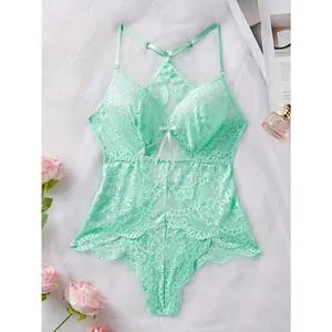 New Style Mint Green French Lace Bodysuit, Crisscross Strap Hollow-Out Open-Back Lingerie, Valentine's Day Exclusive Gift for Women, Sexy Fitted Pajamas for Autumn and Winter, Special Occasion Lingerie, Bedroom Wear, Fitted Bodysuit, Hollowout Design