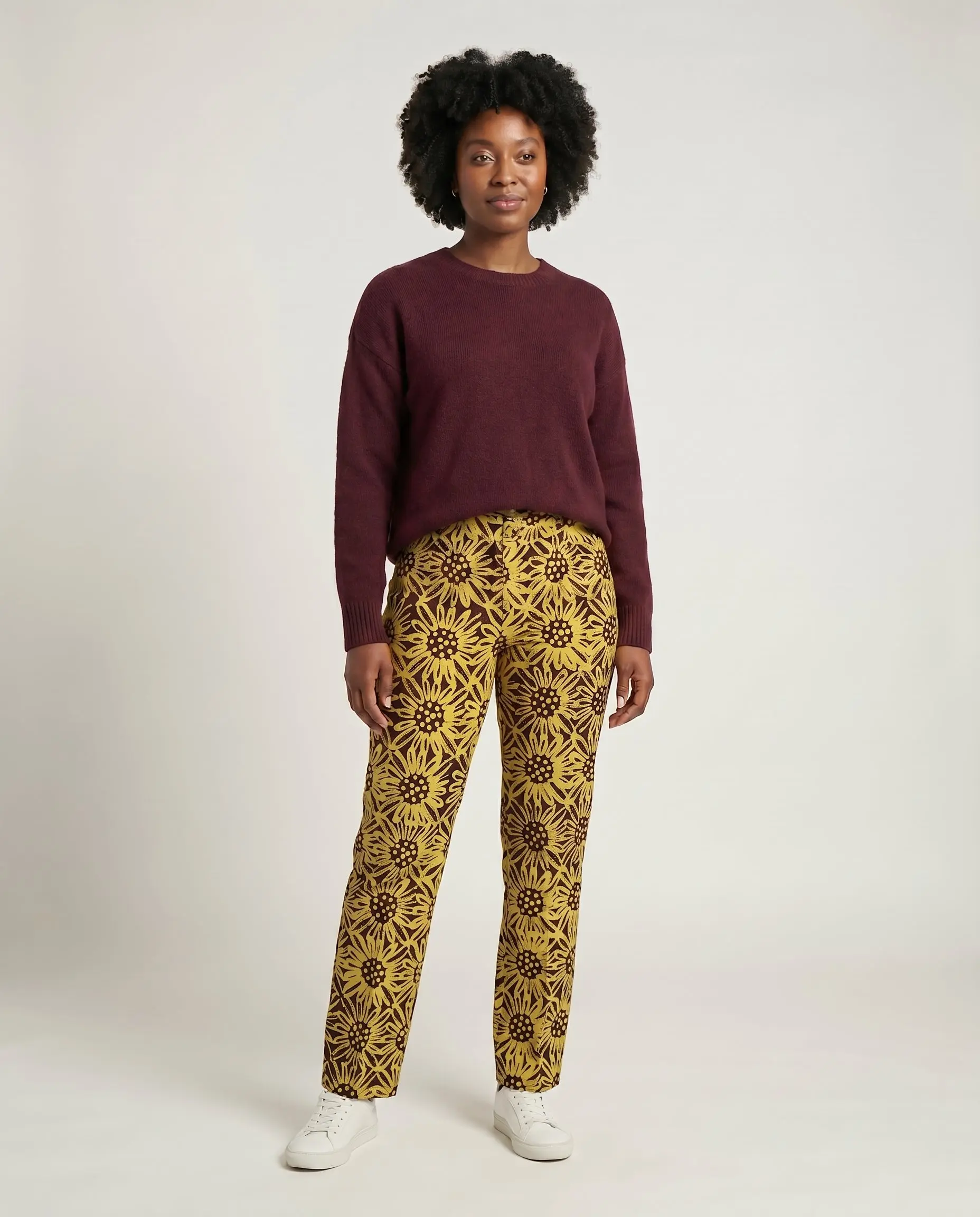 Golden Bloom Ankara Straight-Leg Pants – Mustard & Chocolate Floral Print Trousers