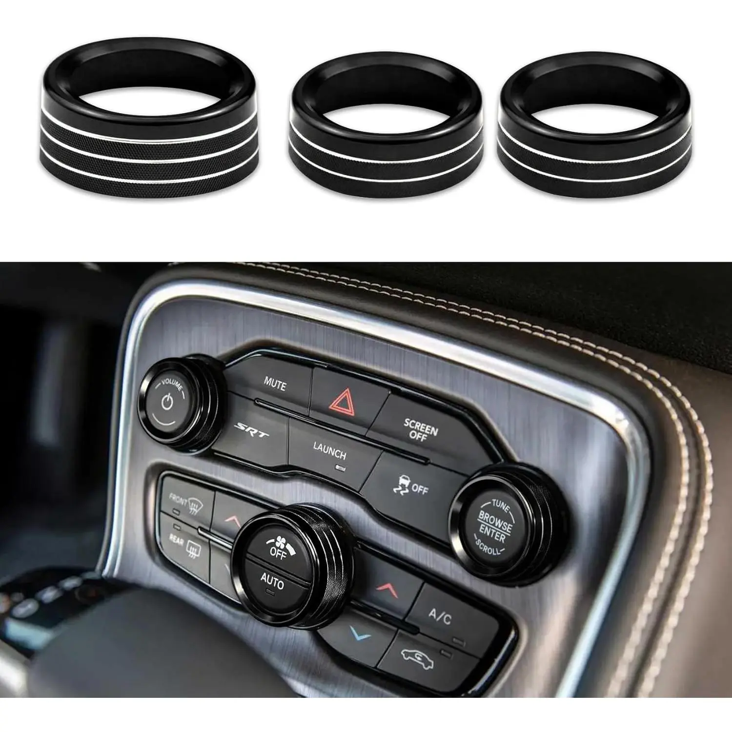 3PCS Air Conditioner Switch Button Knob Cover, Knob Covers for Car, Aluminum Alloy Knob Ring Trim Cover, Car Decor Volume Control Knob Outer Ring Compatible with Challenger Durango 2015-2022 (Black)